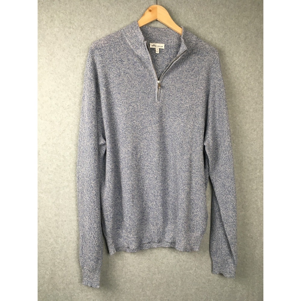 Peter Millar XL Quarter Zip Sweater Blue Pima Cotton Merino Wool Mens Pullover